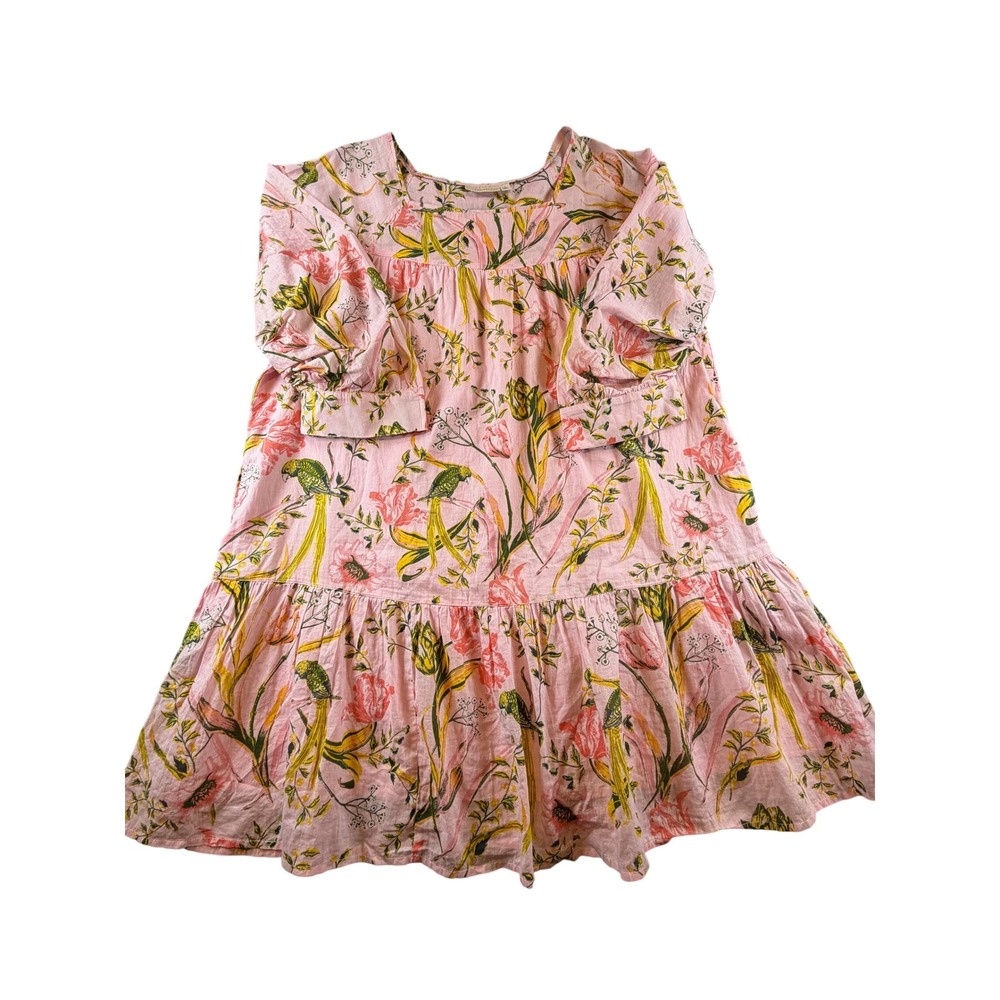 Happy Nature Pink Floral Bird Print Babydoll Mini Dress Large Pockets Tiered Hem